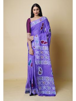 Unnati Silks - Purple Pure Hand Batik Mulmul Cotton Saree UNM73118 with Unstitched Blouse
