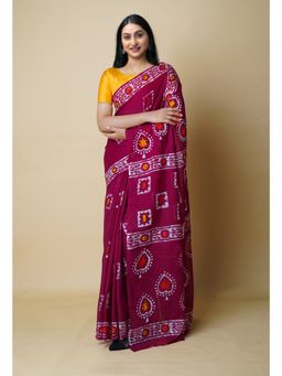 Unnati Silks - Maroon Pure Hand Batik Mulmul Cotton Saree UNM73120 with Unstitched Blouse