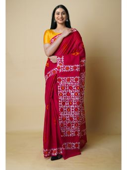 Unnati Silks - Red Pure Hand Batik Mulmul Cotton Saree UNM73123 with Unstitched Blouse