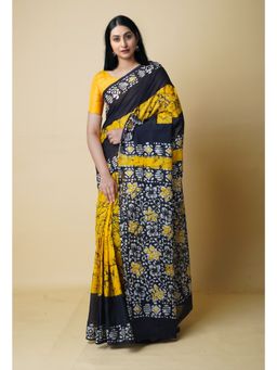Unnati Silks - Yellow Black Pure Hand Batik Mulmul Cotton Saree UNM73125 with Unstitched Blouse