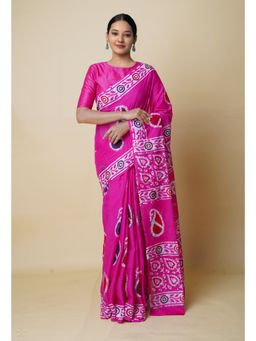 Unnati Silks - Pink Pure Hand Batik Mulmul Cotton Saree UNM73127 with Unstitched Blouse