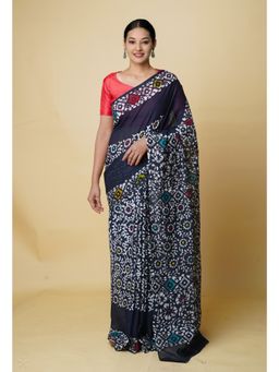 Unnati Silks - Black Pure Hand Batik Mulmul Cotton Saree UNM73128 with Unstitched Blouse