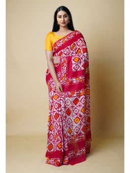 Unnati Silks - Ivory Red Pure Hand Batik Mulmul Cotton Saree UNM73130 with Unstitched Blouse