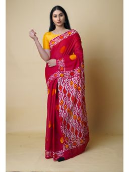 Unnati Silks - Red Pure Hand Batik Mulmul Cotton Saree UNM73131 with Unstitched Blouse