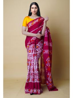 Unnati Silks - Maroon Pure Hand Batik Mulmul Cotton Saree UNM73132 with Unstitched Blouse