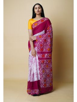 Unnati Silks - Purple Pure Hand Batik Mulmul Cotton Saree UNM73133 with Unstitched Blouse