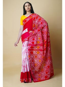 Unnati Silks - Maroon Pure Hand Batik Mulmul Cotton Saree UNM73134 with Unstitched Blouse