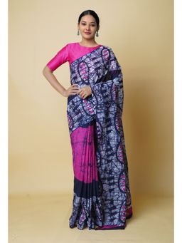 Unnati Silks - Navy Blue Pure Hand Batik Mulmul Cotton Saree UNM73137 with Unstitched Blouse