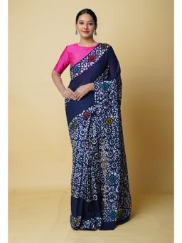 Unnati Silks - Navy Blue Pure Hand Batik Mulmul Cotton Saree UNM73138 with Unstitched Blouse
