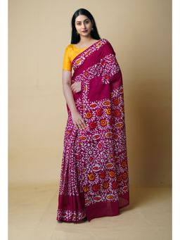 Unnati Silks - Maroon Pure Hand Batik Mulmul Cotton Saree UNM73139 with Unstitched Blouse