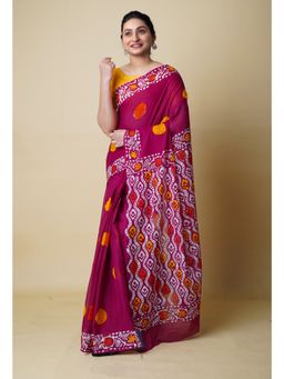 Unnati Silks - Maroon Pure Hand Batik Mulmul Cotton Saree UNM73140 with Unstitched Blouse