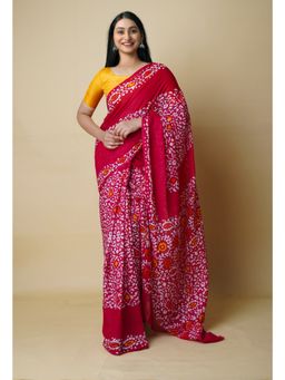 Unnati Silks - Red Pure Hand Batik Mulmul Cotton Saree UNM73141 with Unstitched Blouse