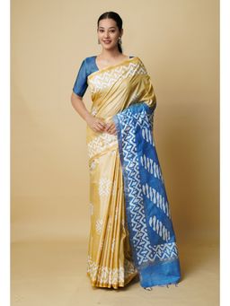 Unnati Silks - Beige Blue Batik Printed Chanderi Sico Saree UNM73149 with Unstitched Blouse