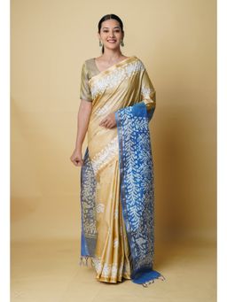 Unnati Silks - Beige Blue Batik Printed Chanderi Sico Saree UNM73188 with Unstitched Blouse