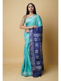 Unnati Silks - Sea Green Navy Blue Batik Printed Chanderi Sico Saree UNM73193 with Unstitched Blouse
