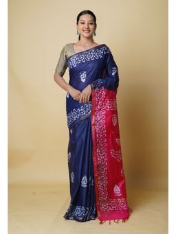 Unnati Silks - Navy Blue Pink Batik Printed Chanderi Sico Saree UNM73196 with Unstitched Blouse