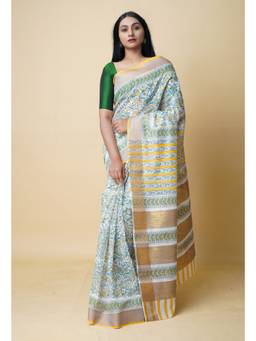Unnati Silks - White Pure Dyed Printed Kerala Cotton Silk Saree UNM73225 with Unstitched Blouse