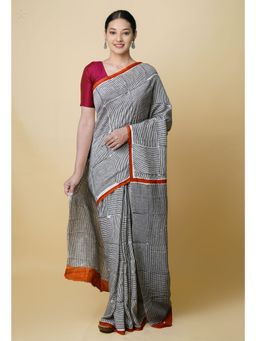 Unnati Silks - Ivory Pure Bagru Printed Soft Silk Saree UNM73261 with Unstitched Blouse
