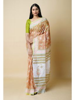 Unnati Silks - Orange Pure Block Printed Kota Cotton Saree UNM73282 with Unstitched Blouse