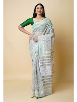 Unnati Silks - Grey Pure Block Printed Kota Cotton Saree UNM73283 with Unstitched Blouse