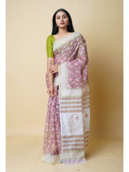 Unnati Silks - Pink Pure Block Printed Kota Cotton Saree UNM73285 with Unstitched Blouse
