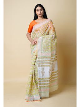 Unnati Silks - Green Pure Block Printed Kota Cotton Saree UNM73286 with Unstitched Blouse