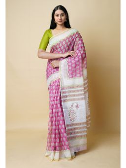 Unnati Silks - Pink Pure Block Printed Kota Cotton Saree UNM73288 with Unstitched Blouse