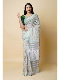 Unnati Silks - Grey Pure Block Printed Kota Cotton Saree UNM73289 with Unstitched Blouse