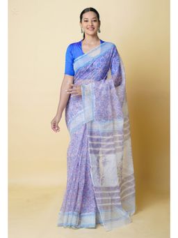 Unnati Silks - Purple Pure Block Printed Kota Cotton Saree UNM73291 with Unstitched Blouse