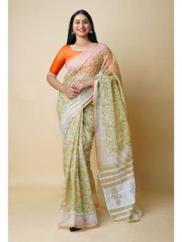 Unnati Silks - Green Pure Block Printed Kota Cotton Saree UNM73292 with Unstitched Blouse