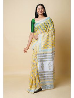 Unnati Silks - Yellow Pure Block Printed Kota Cotton Saree UNM73293 with Unstitched Blouse