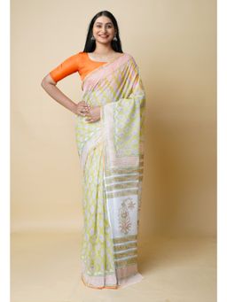 Unnati Silks - Green Pure Block Printed Kota Cotton Saree UNM73294 with Unstitched Blouse