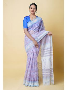 Unnati Silks - Purple Pure Block Printed Kota Cotton Saree UNM73295 with Unstitched Blouse