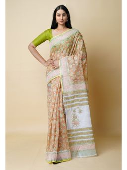 Unnati Silks - Orange Pure Block Printed Kota Cotton Saree UNM73296 with Unstitched Blouse