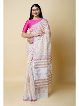 Unnati Silks - Beige Pure Block Printed Kota Cotton Saree UNM73297 with Unstitched Blouse