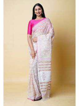 Unnati Silks - Beige Pure Block Printed Kota Cotton Saree UNM73298 with Unstitched Blouse