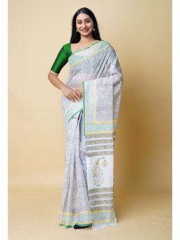 Unnati Silks - Grey Pure Block Printed Kota Cotton Saree UNM73299 with Unstitched Blouse