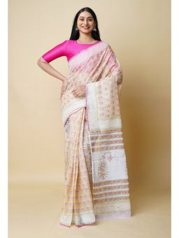 Unnati Silks - Beige Pure Block Printed Kota Cotton Saree UNM73300 with Unstitched Blouse