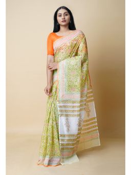 Unnati Silks - Green Pure Block Printed Kota Cotton Saree UNM73301 with Unstitched Blouse