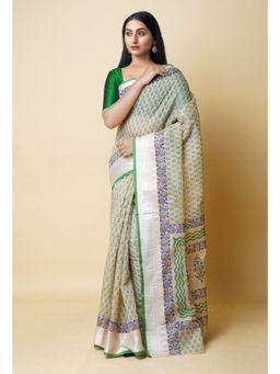Unnati Silks - Cream Pure Dyed Printed Chanderi Sico Saree UNM73312 with Unstitched Blouse