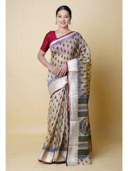 Unnati Silks - Cream Pure Dyed Printed Chanderi Sico Saree UNM73313 with Unstitched Blouse