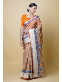 Unnati Silks - Cream Pure Dyed Printed Chanderi Sico Saree UNM73314 with Unstitched Blouse