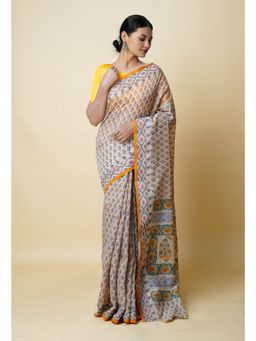 Unnati Silks - Cream Pure Dyed Printed Chanderi Sico Saree UNM73315 with Unstitched Blouse