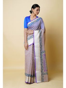 Unnati Silks - Cream Pure Dyed Printed Chanderi Sico Saree UNM73316 with Unstitched Blouse