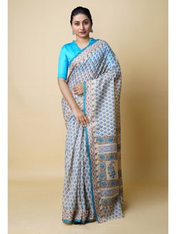 Unnati Silks - Cream Pure Dyed Printed Chanderi Sico Saree UNM73317 with Unstitched Blouse