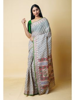 Unnati Silks - Cream Pure Dyed Printed Chanderi Sico Saree UNM73318 with Unstitched Blouse