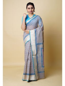 Unnati Silks - Cream Pure Dyed Printed Chanderi Sico Saree UNM73319 with Unstitched Blouse