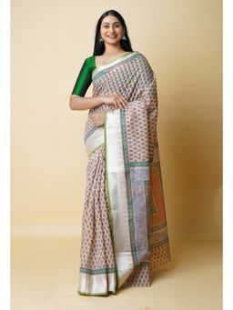 Unnati Silks - Cream Pure Dyed Printed Chanderi Sico Saree UNM73320 with Unstitched Blouse