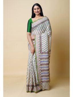 Unnati Silks - Cream Pure Dyed Printed Chanderi Sico Saree UNM73321 with Unstitched Blouse
