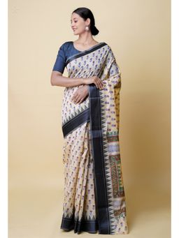 Unnati Silks - Cream Pure Dyed Printed Chanderi Sico Saree UNM73323 with Unstitched Blouse